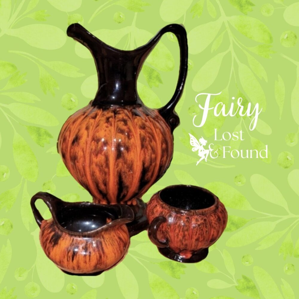 EVANGELINE Vintage MCM Pottery Brown & Orange Water Pitcher, Cream & Sugar Set